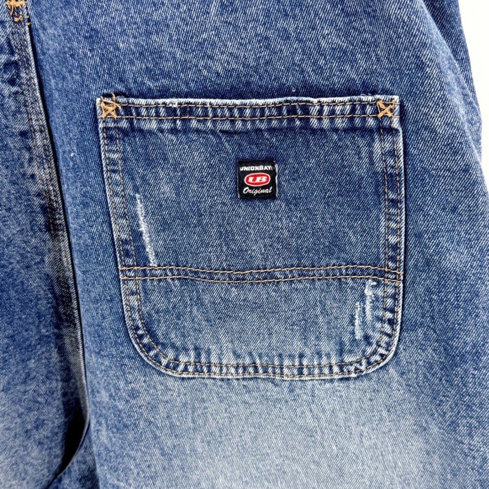 Unionbay Denim Shortalls Women Large Blue NEW Distressed Retro Utility J1L9150 - Picture 6 of 16